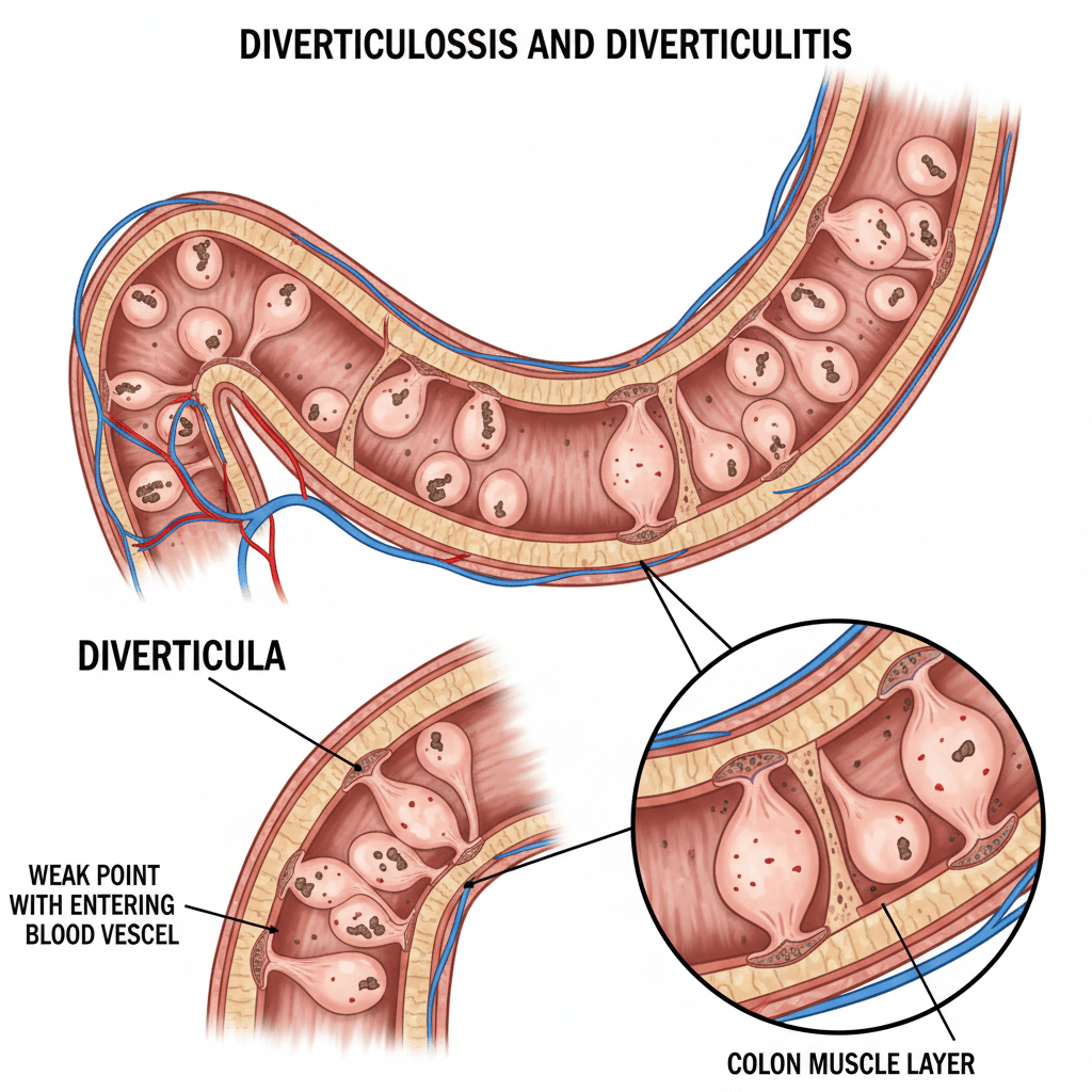 Illustration of diverticulosis in the colon.
