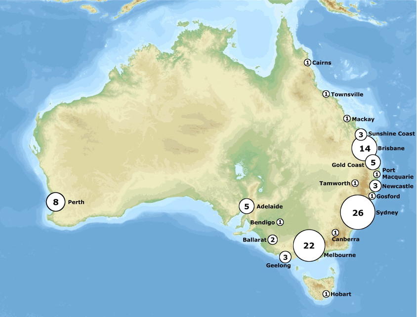 Map showing Australian cities with population numbers.